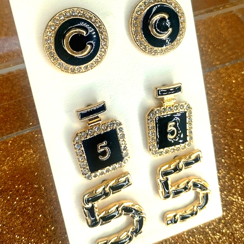 LuLu & LaLa 3pk Fashion "No5" Earring Stud, Blk ,W/GoldTrim, Rhinestone, So cute